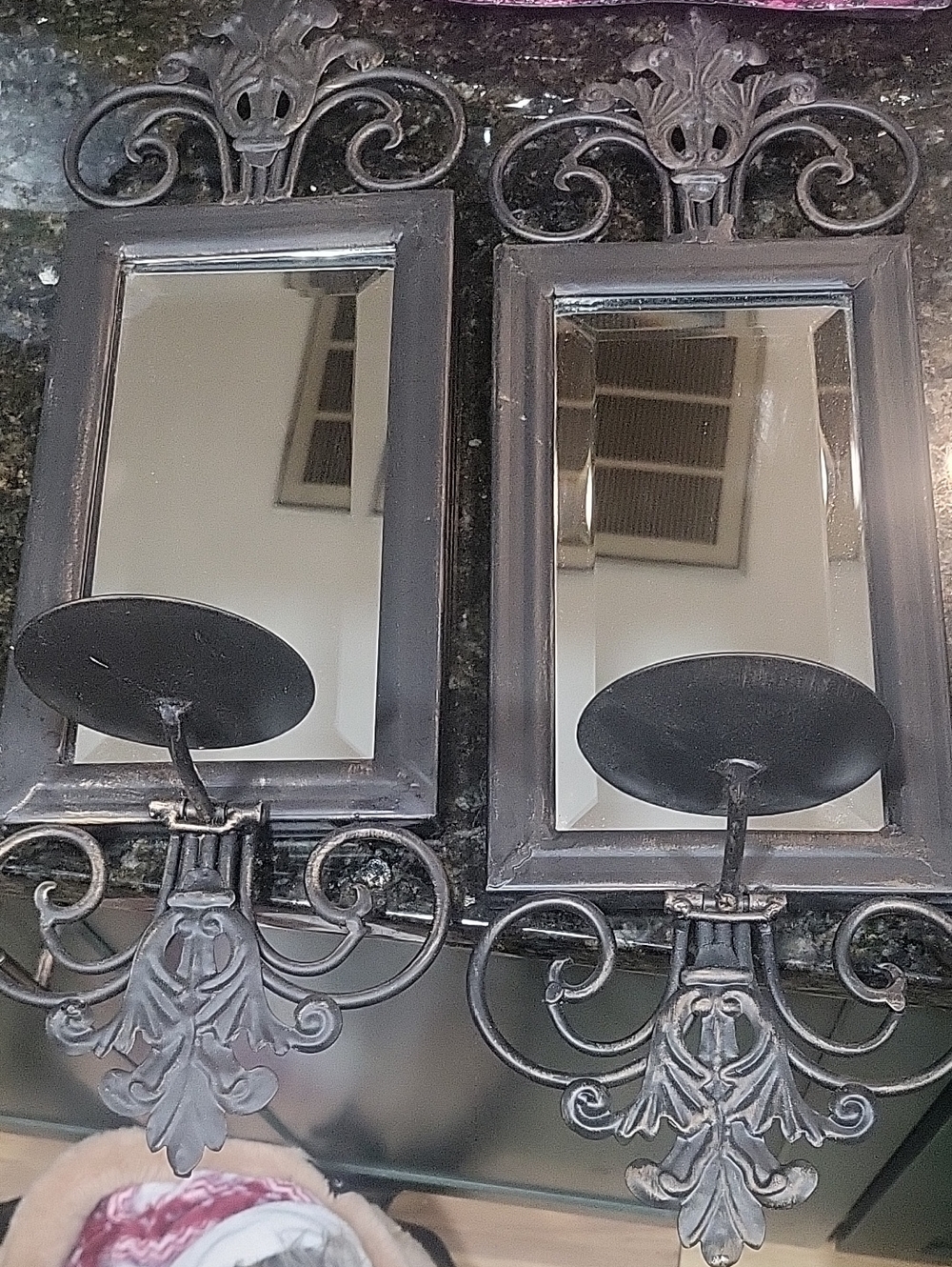 Set Of 2 Antique-Style Black Wall Mirror Sconce with Candle Holder